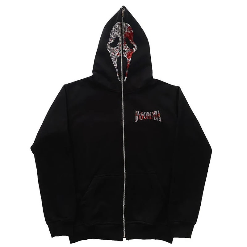 Rhinestone Zip Hoodie demon goth Sweatshirt Sport Coat Pullover Gothic Y2k Long Sleeve Oversized hoodie jacket Men\'s hoodies emo