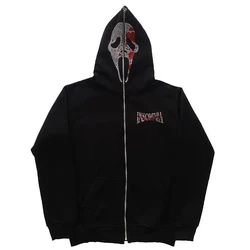 Hoodie com zíper de strass masculino, moletom gótico demoníaco, casaco esportivo, pulôver gótico, manga comprida, jaqueta extragrande, Y2k, Emo