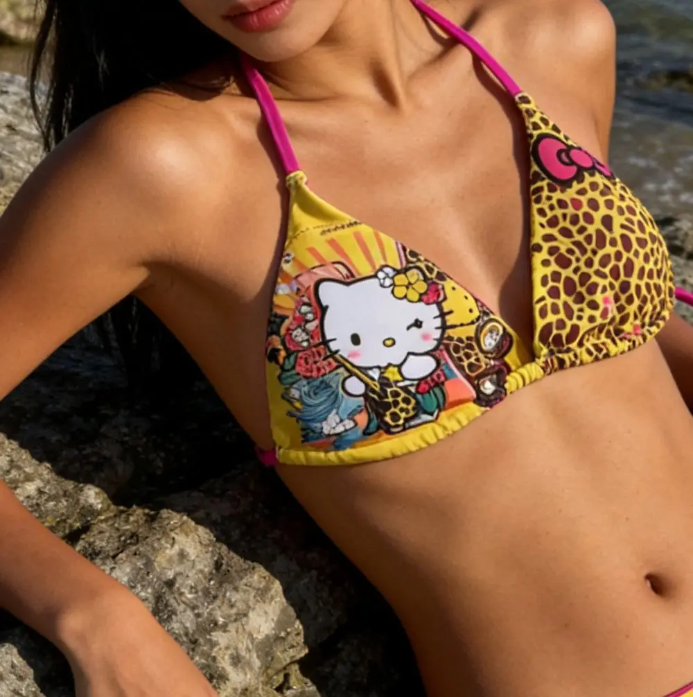

Комплект бикини Sanrio Hello Kitty с леопардовым принтом, 2 шт., в стиле Y2K, кавайный, с завязками на шее и боками, для женщин, для летнего пляжного отдыха, сексуальный подарок