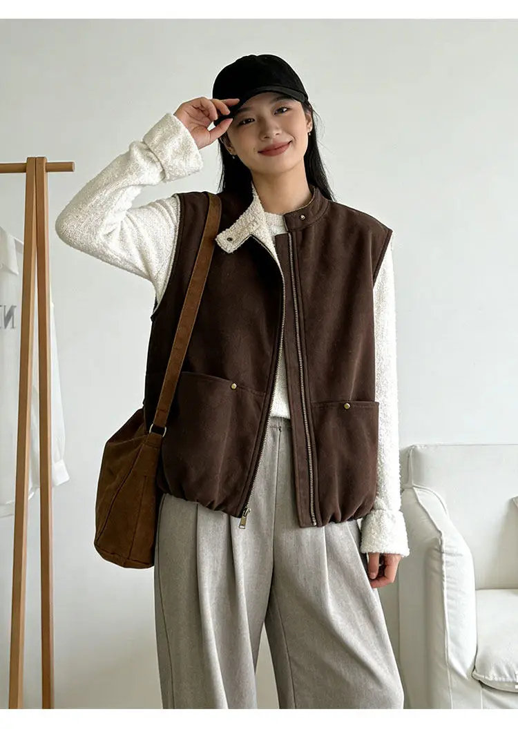 

Женский жилет в американском стиле кофейного цвета с воротником-стойкой на молнии, весна 2026, утепленный флисом, дизайн куртки-жилета