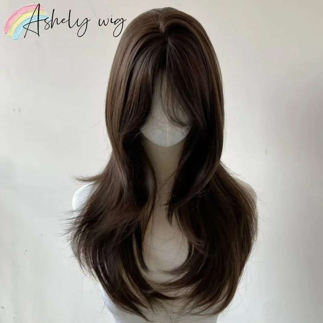 Brown Wig for Women Headband Body Brown Straight synthetic Rose Hair Models in French Bangs High Level Simulation Hair Wig 가발