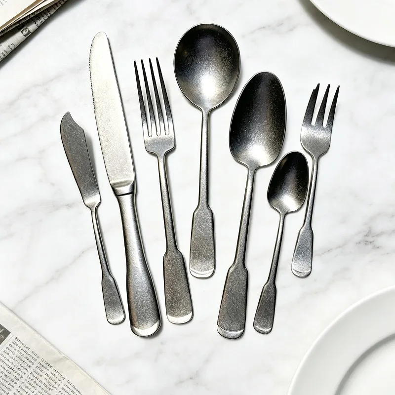 Vintage Snow Blasted 304 Stainless Steel 4Pcs Cutlery Set, Butter Knife Fruit Fork Coffee Spoon Kitchen Flatware Tableware Set