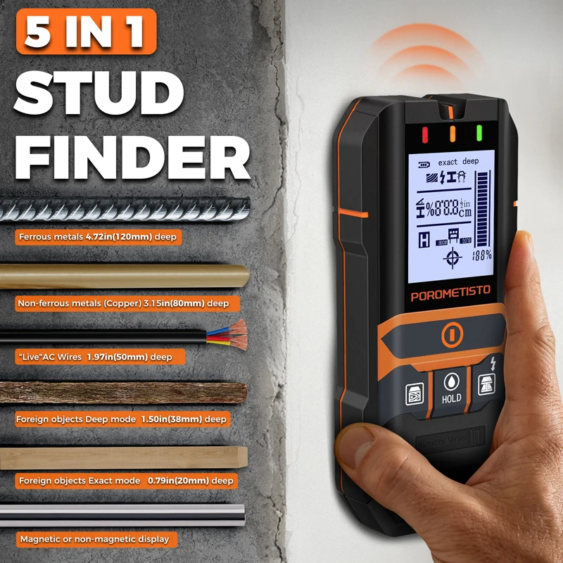 Precision 2-in-1 Moisture Meter & Stud Finder Wall Scanner with Metal Detector, Deep/Exact Modes, Backlit LCD, Auto Calibration