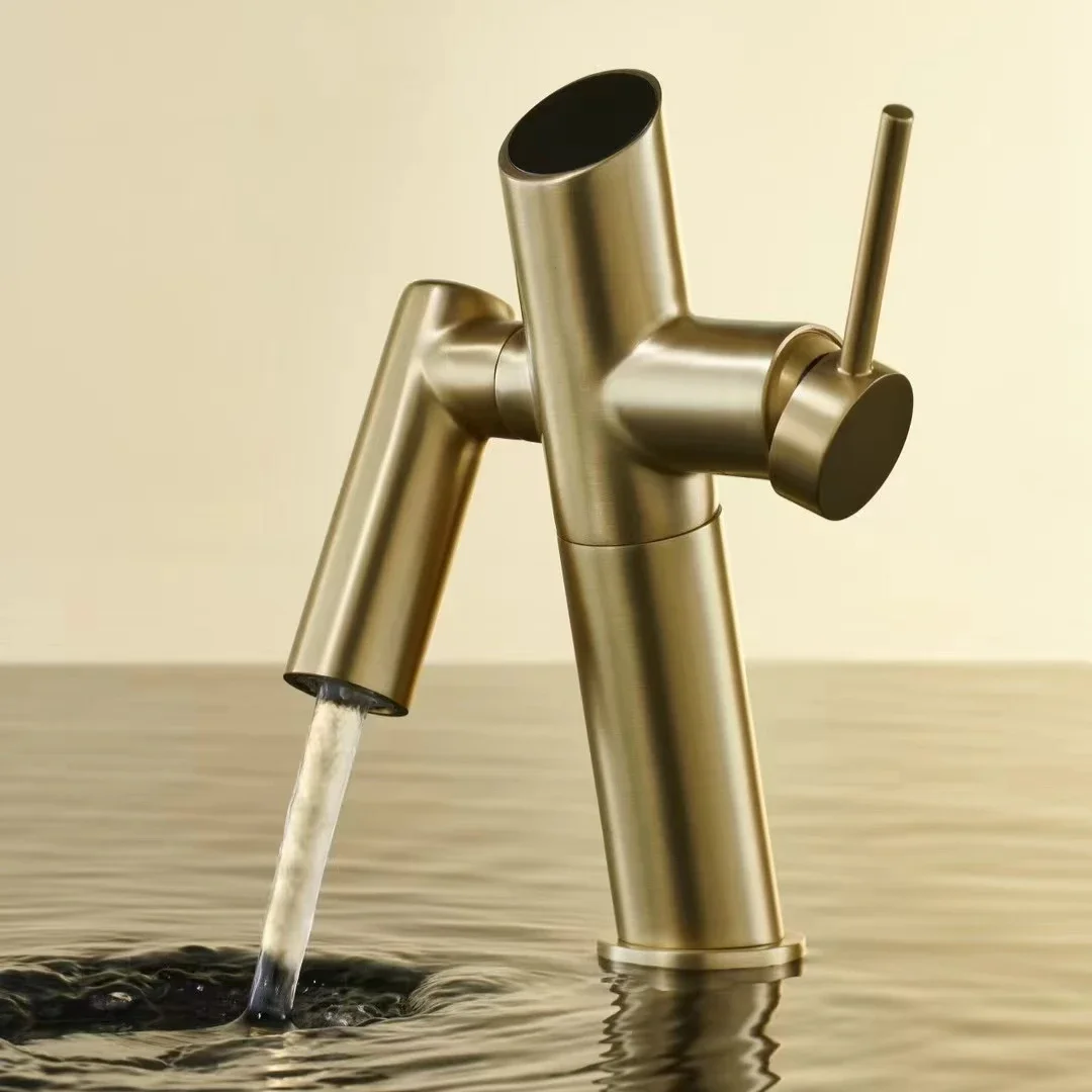 Brushed Gold Brass Bathroom Basin Faucet Rotate Hot And Cold Water Mixer Tap