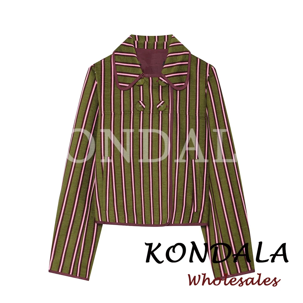 KONDALA Vintage Autumn Streetwear Striped Women Jacket Double Buttons Commute Jacket Fashion 2026 Chic Modern Female Outwears