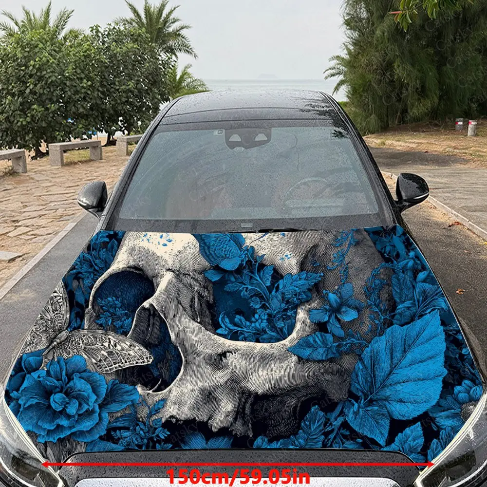 Car Decal Skull with Blue Floral Artistic Fusion in Contrasting Gothic Design, Creating a Bold and Enigmatic Visual Car Hood Sti