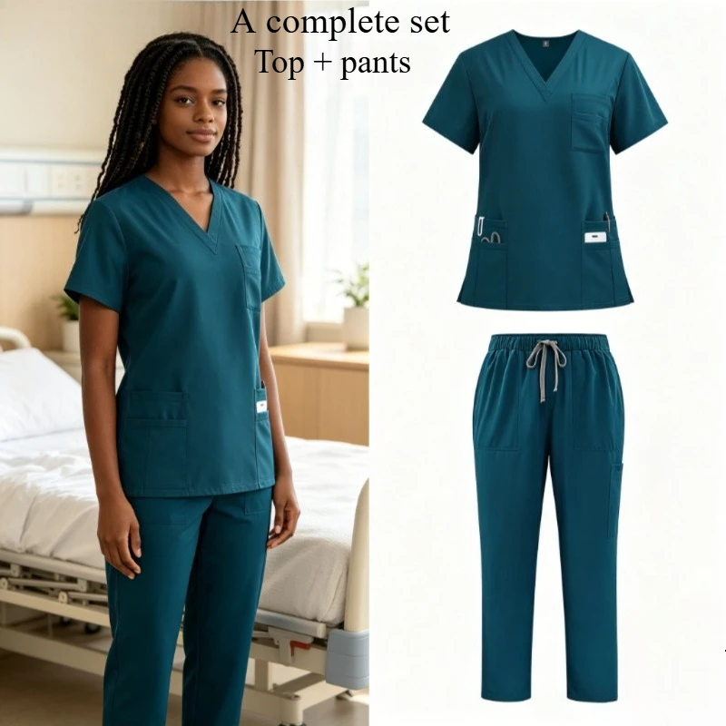 Women One Full Set Two Piece Salon Uniform Set Matching Short Sleeve Top and Pants Elastic Quick Dry Multi Pocket Beauty Salon