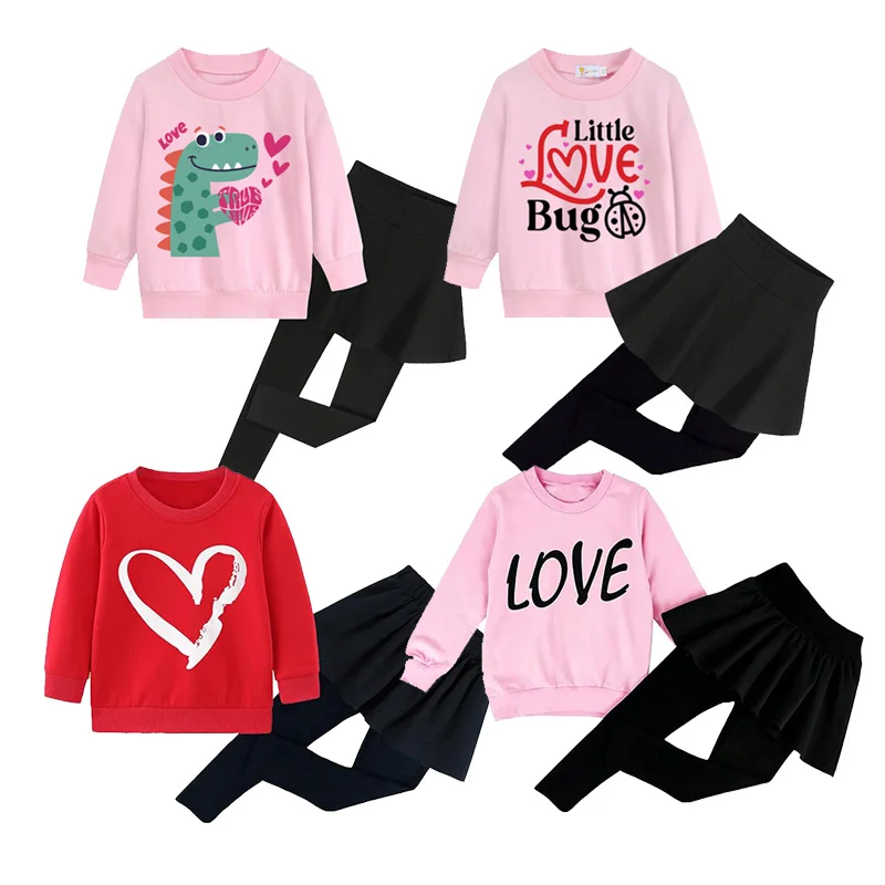 Little Hand Kids Girls Love Print Top Skirt Leggings Set Valentine Casual Party Outfit 3-10 Years Kids Clothes