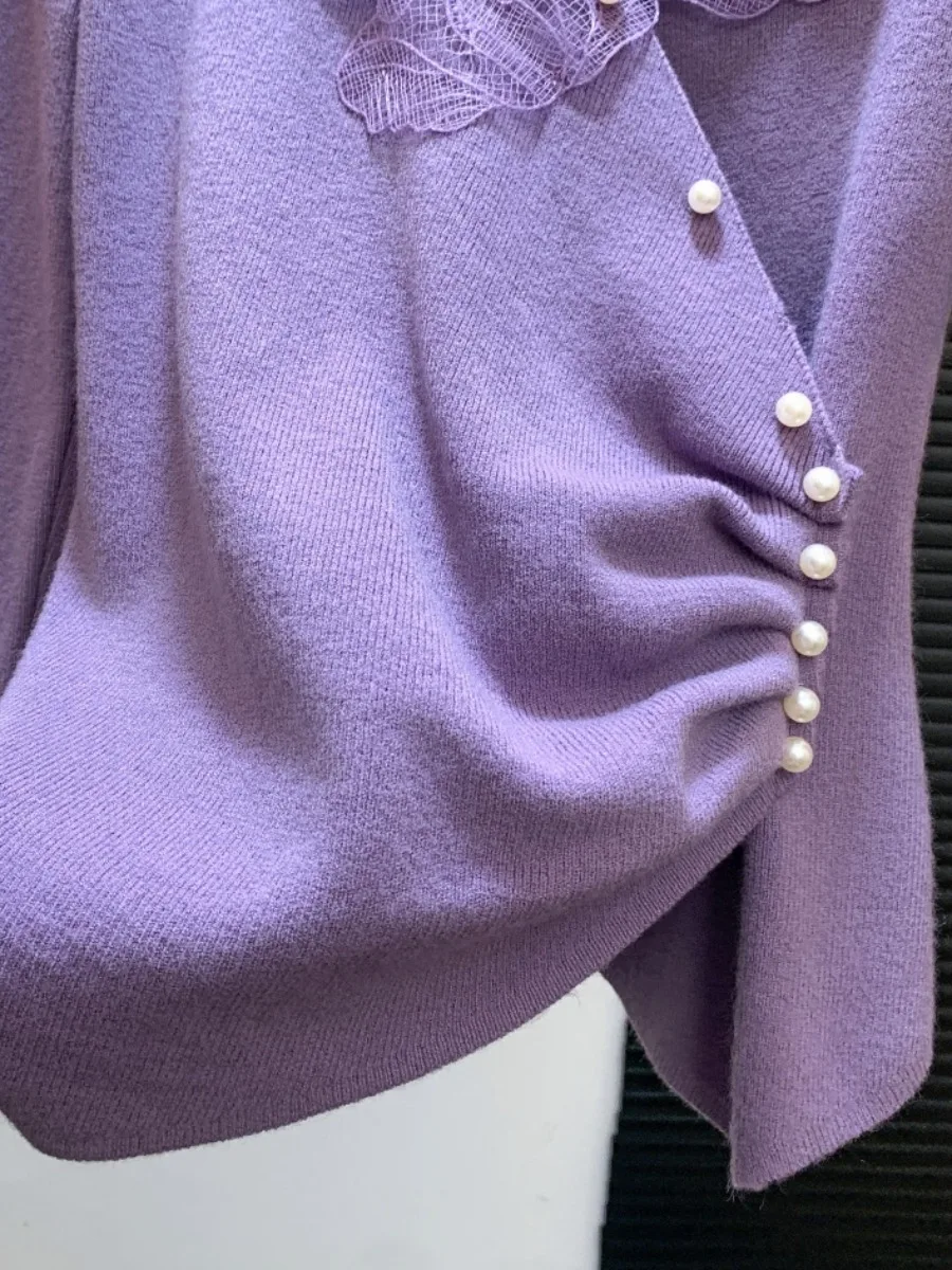 Ele Long Sve Lace V-Ne تريكو المرأة الخريف الشتاء جديد Sle قاعدة طبقة ملابس داخلية سترة تخفيف الكورية Sle S...