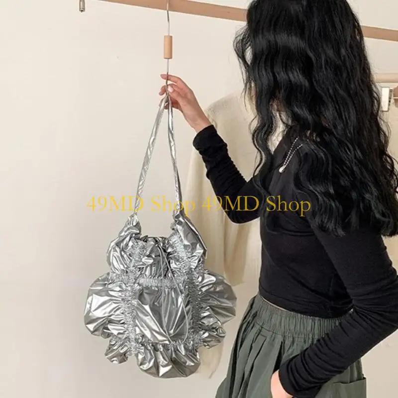 49MD Sleek Soft PU Wide Pleated Bag for Ladies Large Capacity Shoulder Crossbody Bags