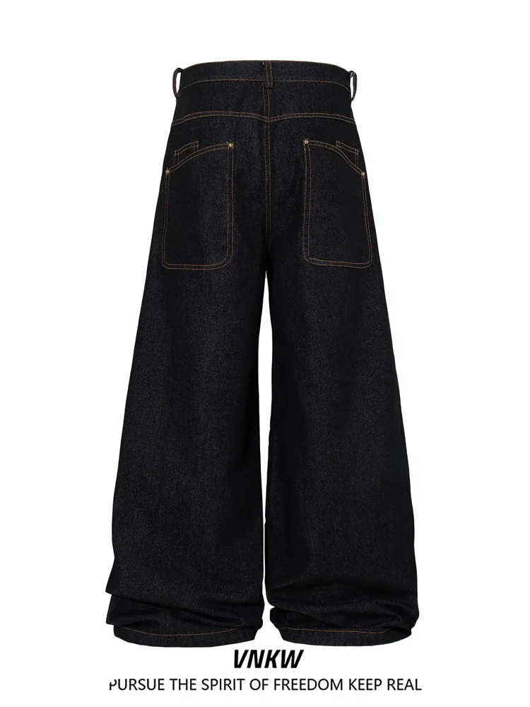 Retro American Denim Original Black Knife  Jeans Men's Handsome Deconstructed Single Button Wide Leg Baggy Long Trousers
