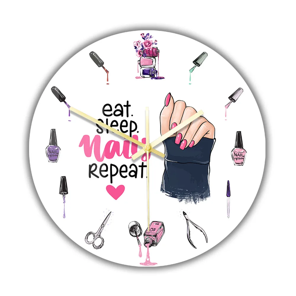 Eat Sleep Nails Repeat Nail Salon Wall Clock Nail Polish Makeup Manicure Tools Silent Quartz Clock for Beauty Salon Nail Studio