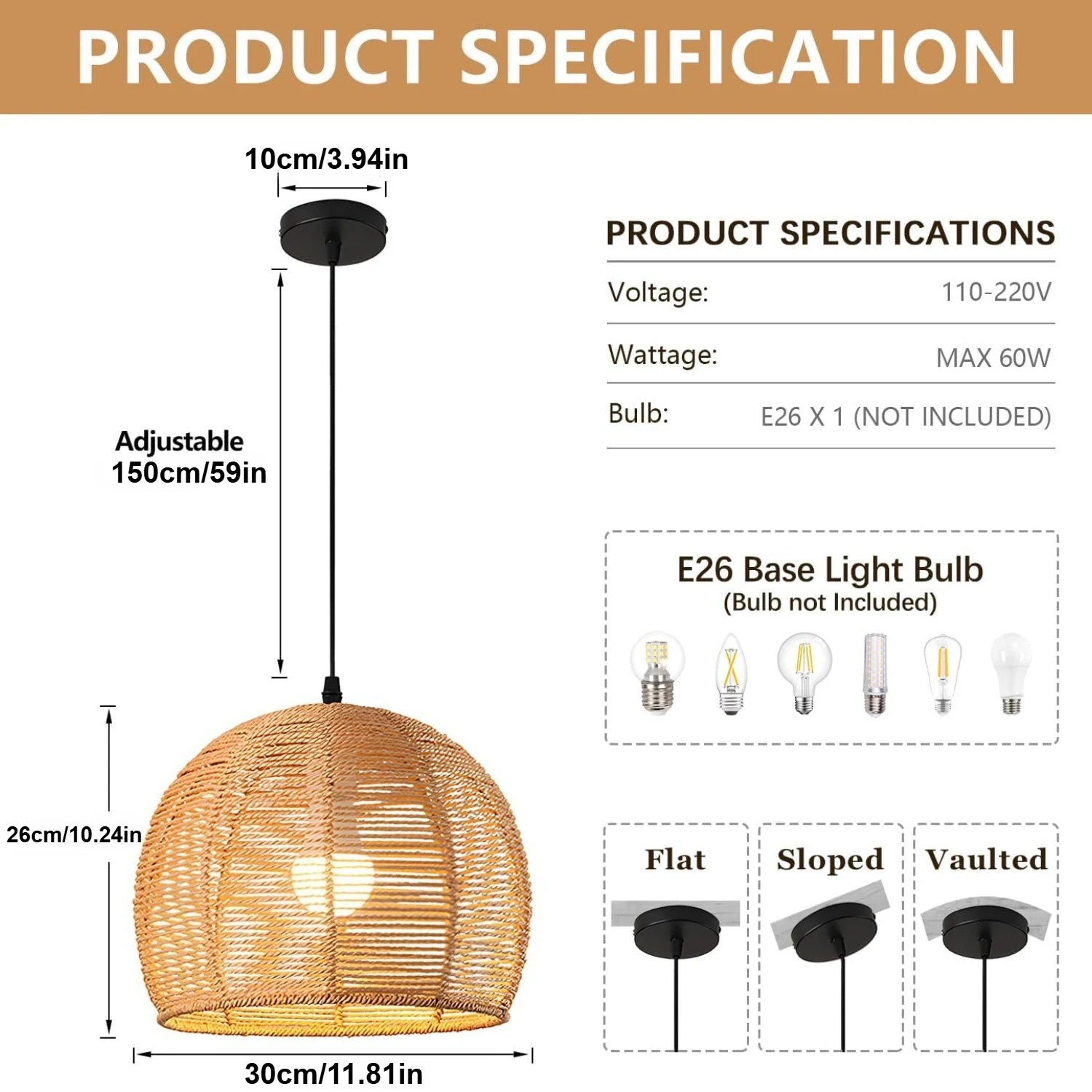 JOYINLED Paper Rope Farmhouse Pendant Light Fixtures E26/E27 Boho Chandelier for Hallway Bedroom Kitchen Entryway Living Room