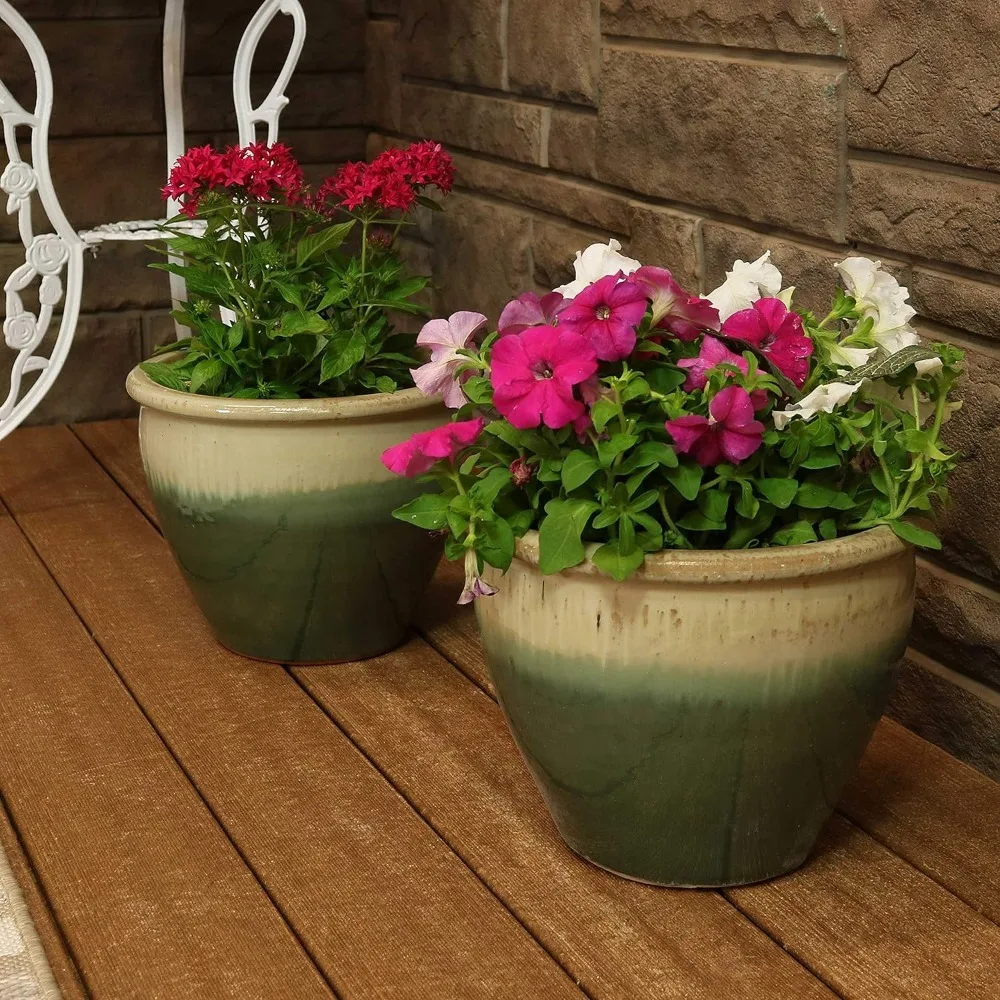 

Ceramic Indoor Outdoor Planter Resistant - Seafoam Glaze Finish - 12-Inch - Set of 2 freight free