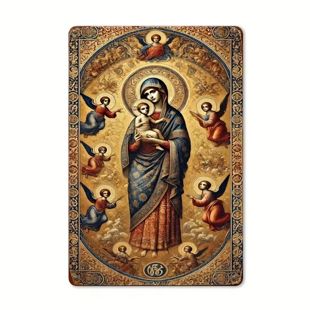 "لافتة قصدير معدنية ذات أيقونة أرثوذكسية روسية - مريم العذراء والسوع الصغير |   ديكور الحائط الروحي للغرف" #4