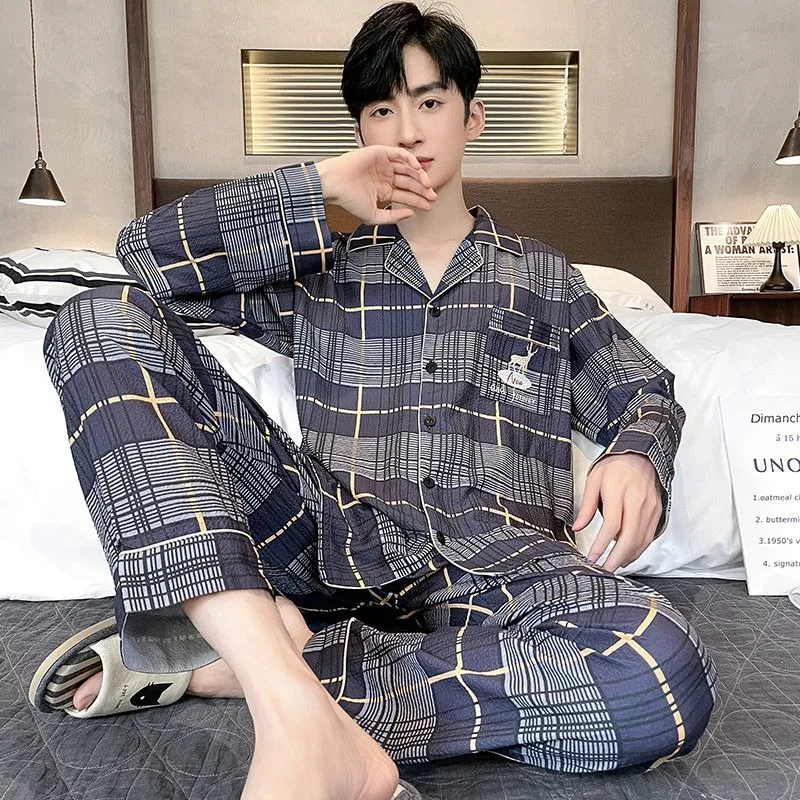 Pigiama da uomo tessuto di cotone tessuto Bubble Cotton Sleepwear primavera autunno estate Loungewear sottile a maniche lunghe Set di abbigliamento per la casa