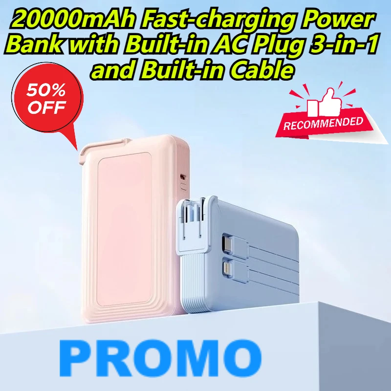 

20000mAh Fast-charging Power Bank with Built-in AC Plug 3-in-1 and Built-in Cable