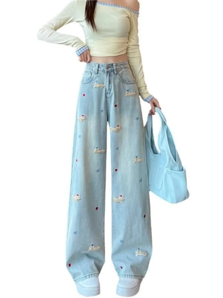 Spodnie jeansowe plus size z podszewką, damskie, jesienno-zimowe, luźne, z wysokim stanem, wyszczuplające, proste, z szerokimi nogawkami, codzienne, wygodne.