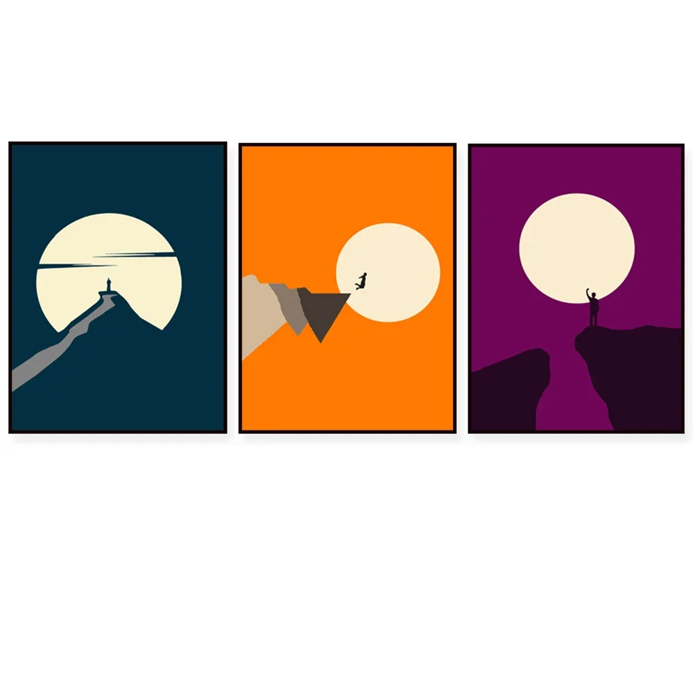 （Unframe 3PCS）-Abstract Panorama Set, Mid Century Scandinavian Moon, Mountain Sports Action Man Poster, Minimalist Living Roo
