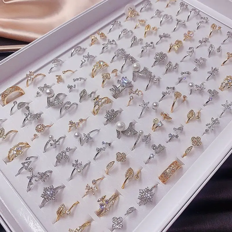 

20/50pcs/Lot Wholesale Open Adjust Zircon Finger Rings Lovely Thin Copper Cute Pearl Star Leaf Starfish Snowflake Design Jewelry