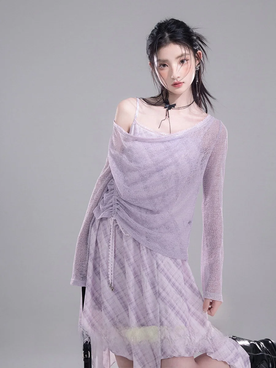 

COTRE Summer Ele Plaid Svel Dr And Sunade irt Two-Piece Set Women's Faion Clothing Polyester Fabric