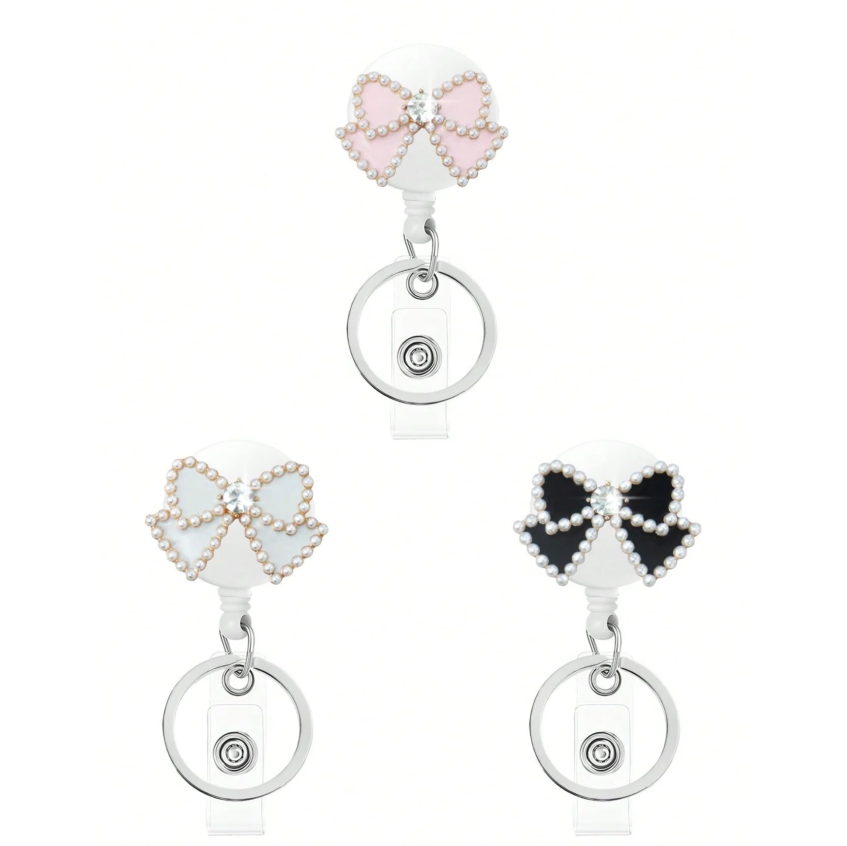 Retractable Medical Badge Reel Rhinestone Bow Tie for Nurse Doctor Card Holder Office Hospital Business Card Supplies Key Ring