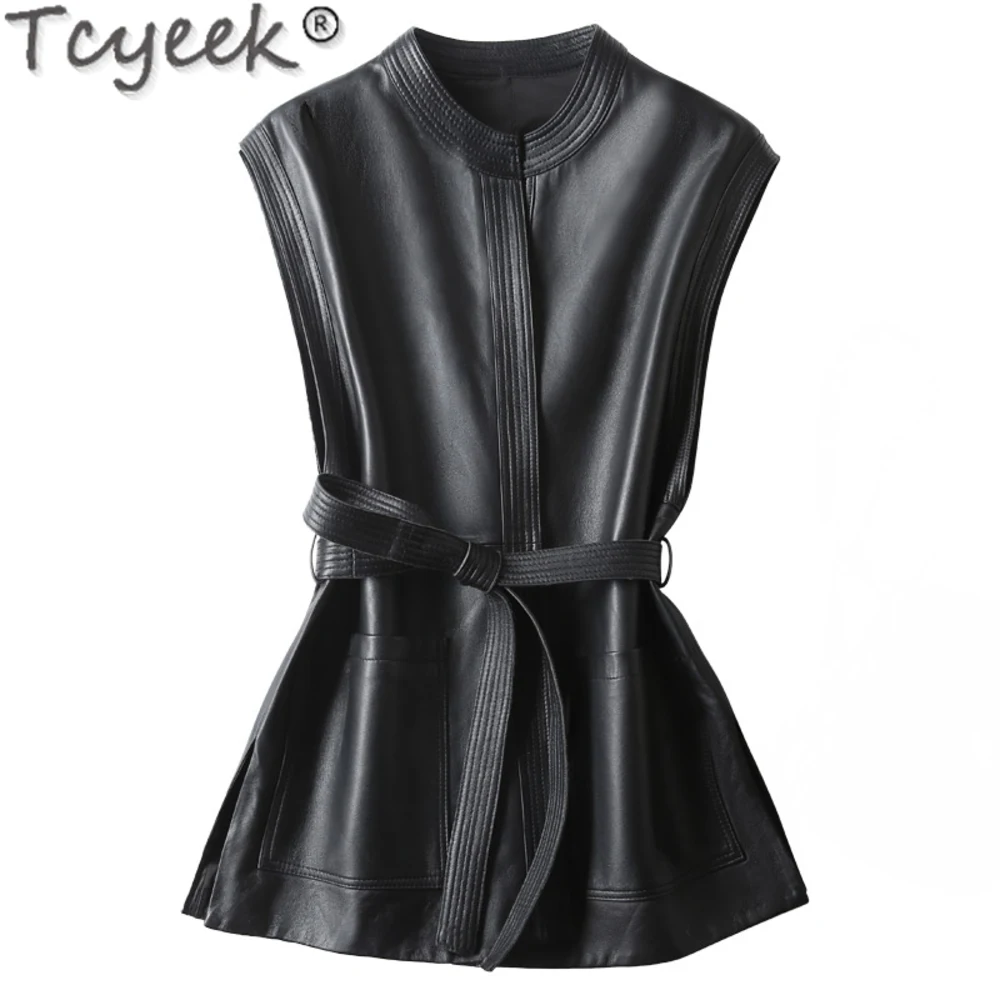 Tcyeek-Jaqueta de couro feminino de motocicleta, casaco de comprimento médio, colete de pele de carneiro slim fit, couro genuíno, roupas femininas, novo, primavera, 2021