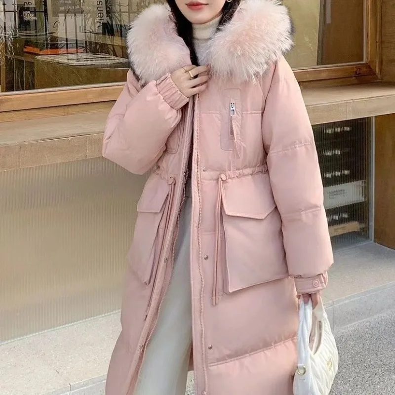 المرأة متوسطة وطويلة الشتاء النسخة الكورية الجديدة فوق الركبة سميكة بطة بيضاء أسفل الخصر سترة كبيرة الفراء طوق أسفل سترة