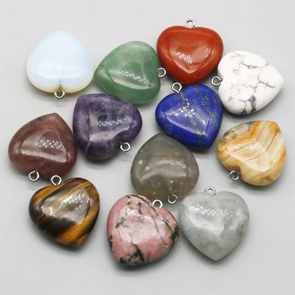 25MM Natural Semiprecious Stone Amethyst Multicolour Heart Necklace Pendant Key Chain Accessories Charms Jewelry Wholesale 10Pcs