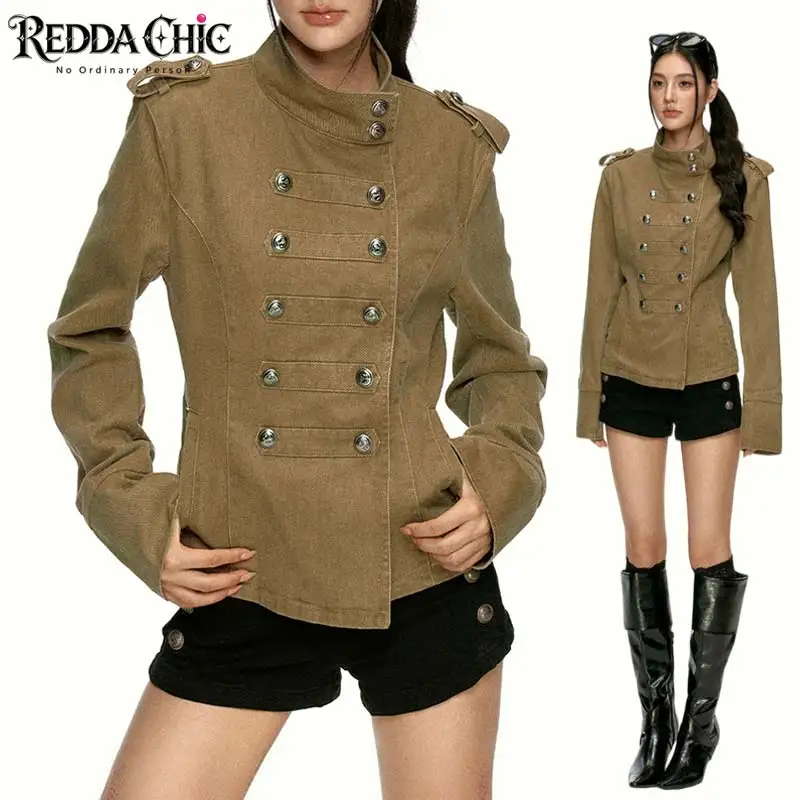 REDDACHiC Western Retro Women Military Jacket Fall Khaki Zip up Turtleneck Double-breasted Slim Denim Jacket Cowgirl Outwear