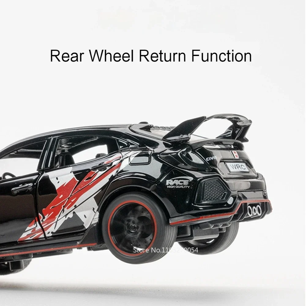 1/32 CIVIC TYPE-R Car Model Toys Diecast Alloy Vehicle 6 Doors Opened Sound Light Pull Back Metal Body Rubber Tire Toy Kids Gift