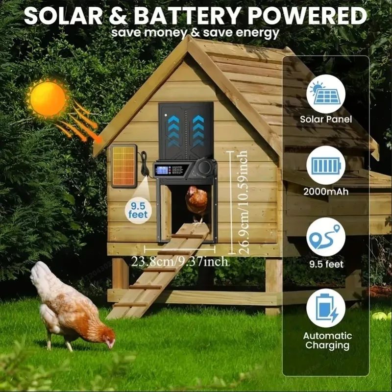 Automatic Chicken Coop Door, Anti Pinch Protection, Large LCD Display Screen, Timer and Light Sensor Mode, Solar Powered Automat
