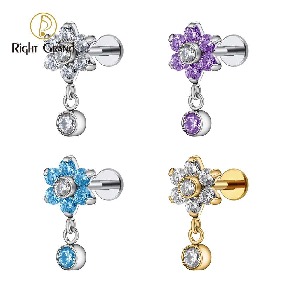 Right Grand ASTM F136 Titânio 16G Flor CZ Drop Pendente Brinco Plano Tragus Hélice Lobo Viga Perforación Jóias