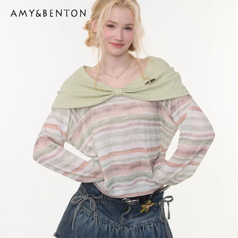 

2026 Spring Autumn New Green Brown Striped Long Sleeve Women's T-Shirt Original Design Sweet Cute Versatile Knitted Top Ladies