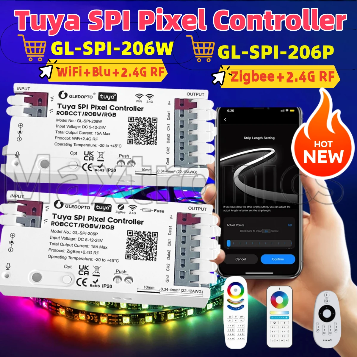 3IN1 GLEDOPTO 2.4G WiFi+Blu / ZigBee Tuya SPI Pixel Controller Dynamic Light Music Sync Smart Life for RGBCCT RGBW RGB SPI Strip