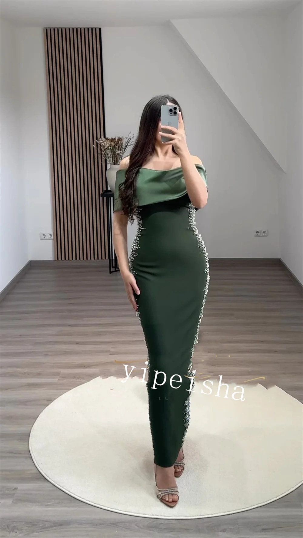 Jiayigong  Jersey Pearl Prom Sheath Off-the-shoulder Bespoke Occasion Gown Midi Dresses  Sexy Casual 