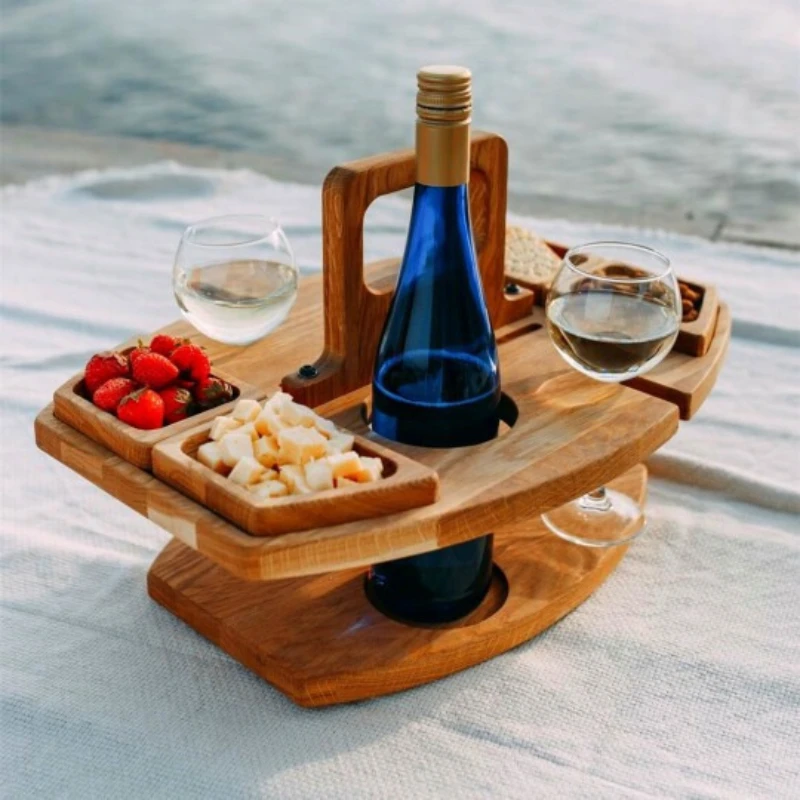 Mesa de Picnic portátil para exteriores, cesta de almacenamiento de madera colgante, copa de vino y plato de fruta, mango de mesa de Camping, mesa