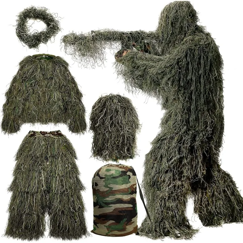 Combinaison Ghillie avec veste, pantalon, capuche et sac de transport, costume de camouflage 3D 5 en 1, combinaison de chasse, pour Halloween, carnaval et fêtes.