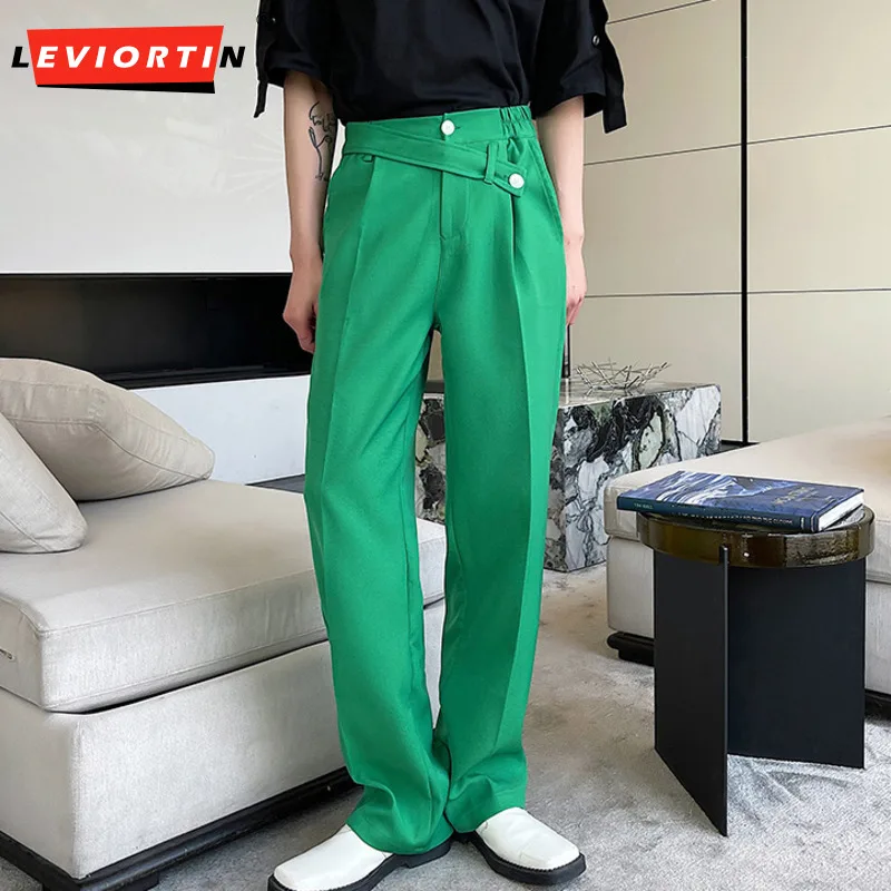 

Korean Style Casual Bandage Simple Solid Color Men's Straight Pants With Pocket Autumn Versatile Loose Suit Leg Dress Trousers