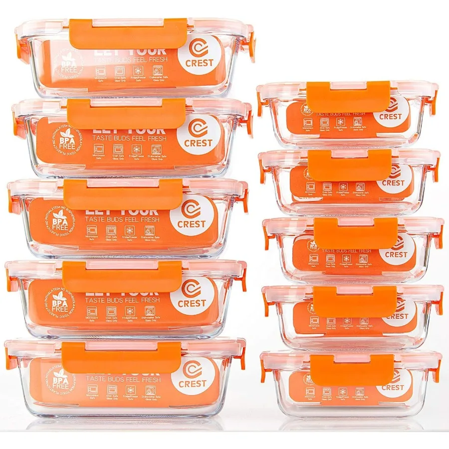 

C CREST 10Pack Glass Food Storage Containers for Kitchen Food Preparation with Secure Lids Ideal for Microwave Heating Freezer
