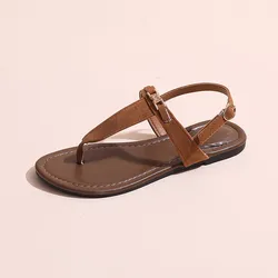 2024 High Quality Women's Shoes Summer New Women's Sandals Fashion Solid Color Thong Low Heel One-line Buckle Women's Sandals