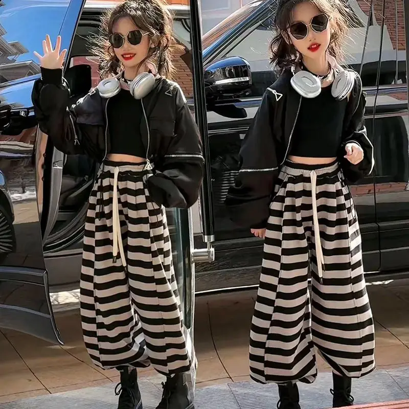 

Girls' suit autumn 2024 new fashionable autumn middle-aged older children's jacket striped pants casual two-piece set