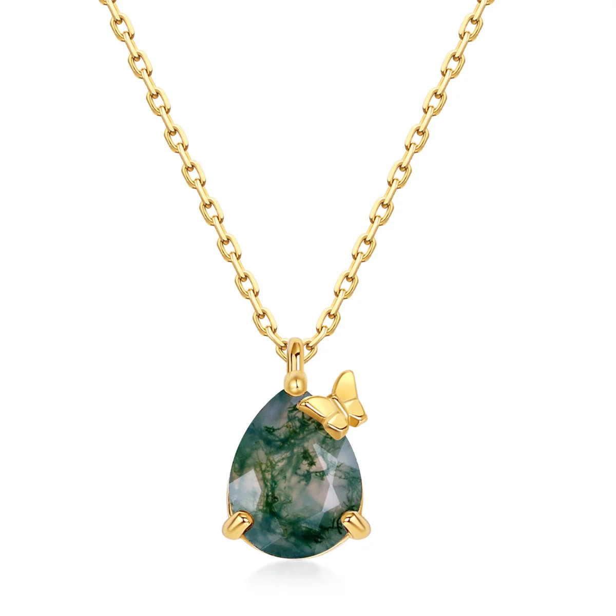 

AliMoss 7*9mm Teardrop Cut Moss Agate Necklace Gold Plated 925 Sterling Silver Pendant(18+2in) for Women Valentines Gifts