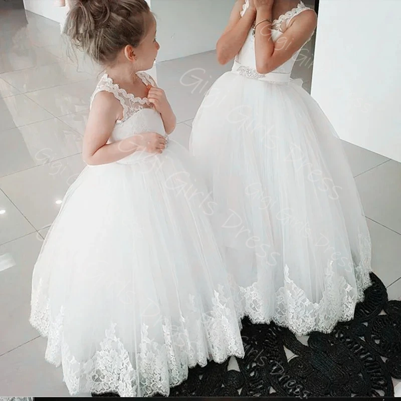 Vestido de niña de flores marfil/blanco para boda, vestido de primera comunión de tul con encaje y fajas con cuentas, Vestidos de novia personalizados