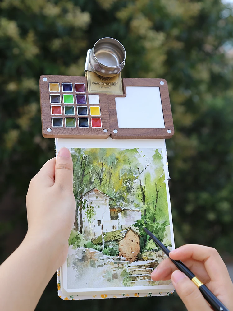 Creative Mini Walnut Paint Box Portable Watercolor Print Ledger Travel Watercolor Set Supplies Miniature Figurines Funny Gifts