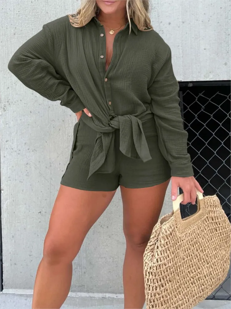 Autumn Women's New Set Solid Color Fashionable Double-layer Crepe Fabric Single-breasted Long-sleeved Shirt Shorts Two-piece Set