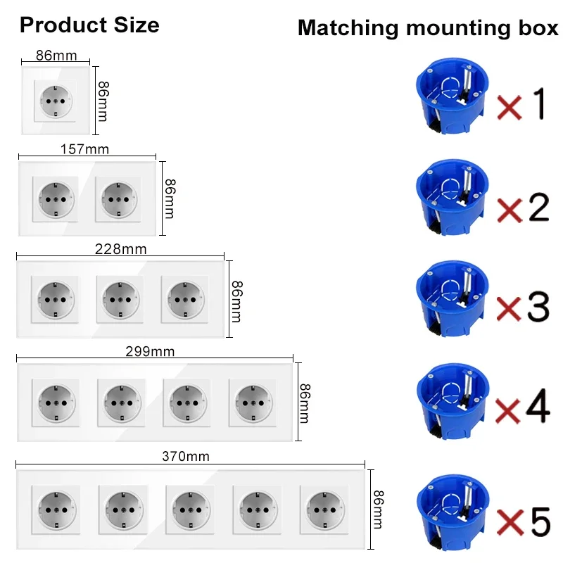 TODSDOT European Standard 16a Wall Mount Power Switch Socket diy Module White Glass Panel Free Combine Button Function Vertical