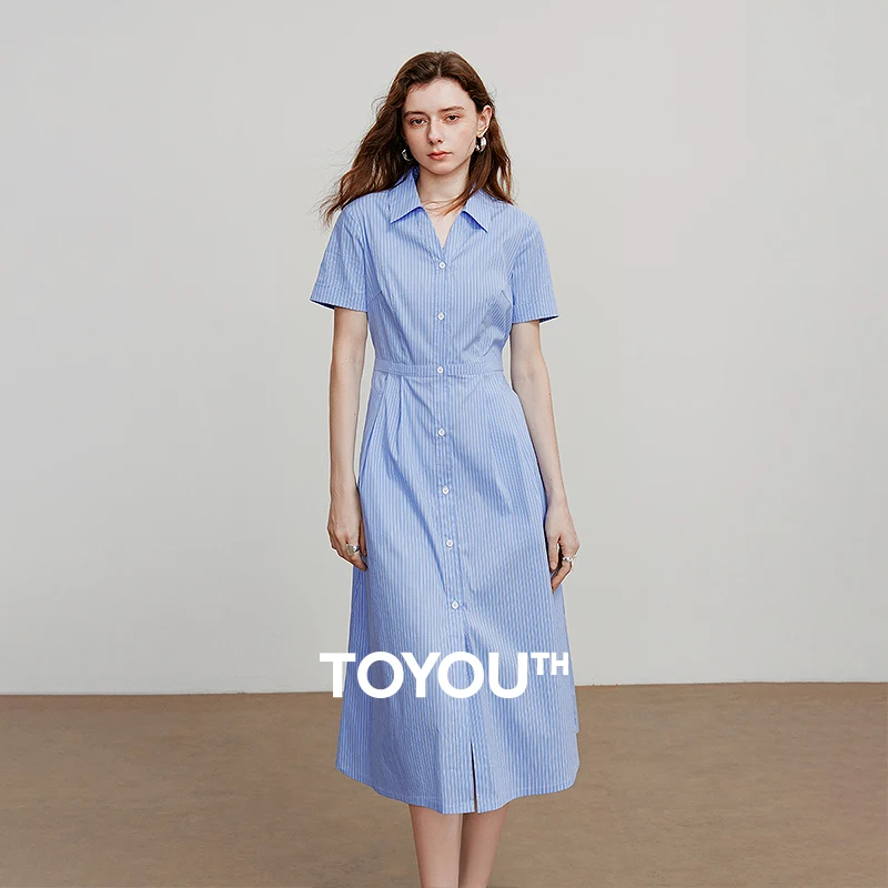 

TOYOUTH женское платье, новинка лета 2021, V-образный воротник-поло, синее и белое полосатое платье-рубашка 8529143