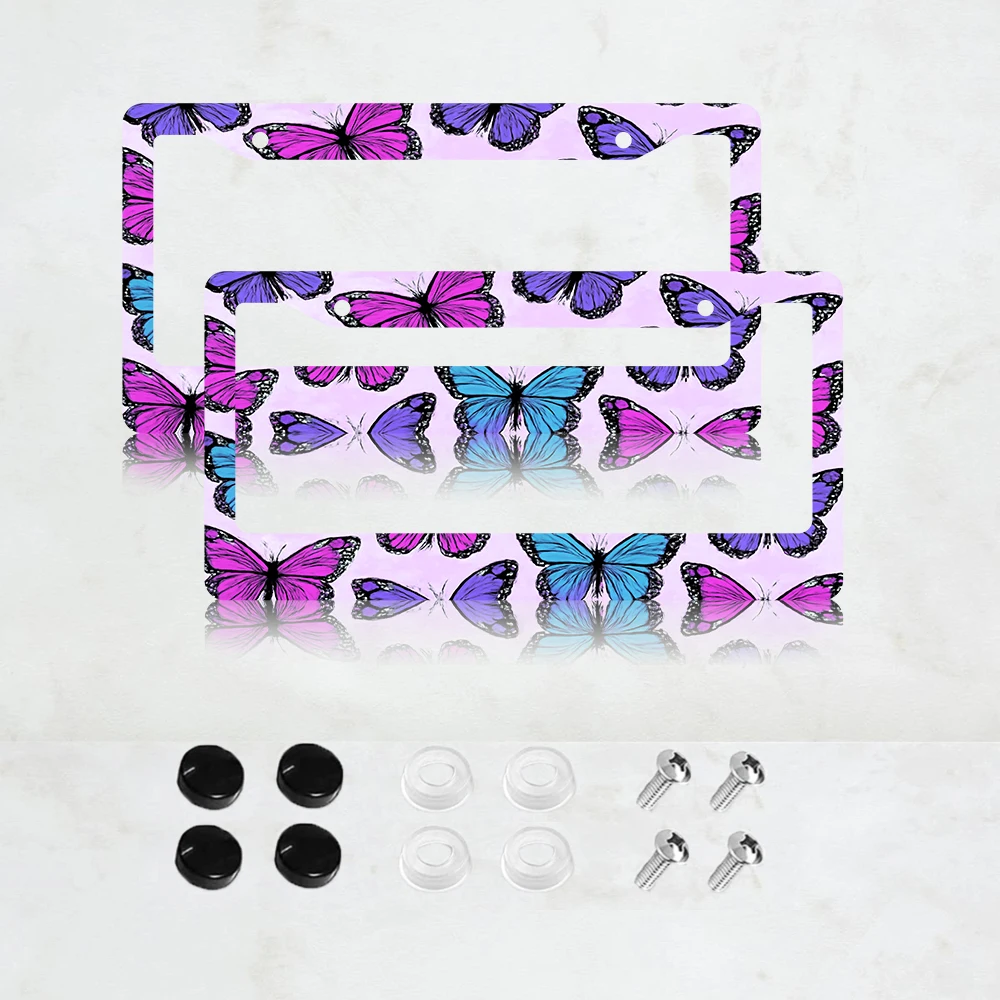 

2PC 2-Hole License Plate Frame, Purple Butterfly Design, American Standard Size, Aluminum, 6x12 Inches, with Screws