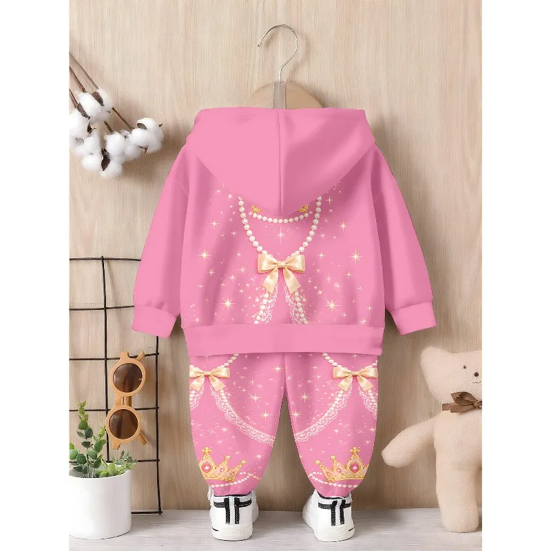Kids Hoodie Jogger: Pink Crown Pearl Lace Print, Floral Butterfly Pattern, Blossom Hummingbird Graphic Kid Tracksuit